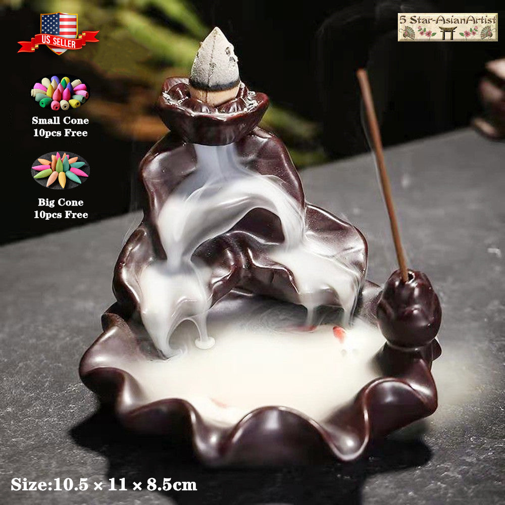 Ceramic Backflow Incense Burner Holder Lotus Waterfall & Incense Cones Gift