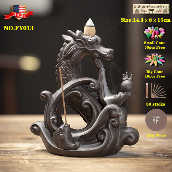 Ceramic Backflow Incense Burner Dragon Waterfall & 50pcs Cones