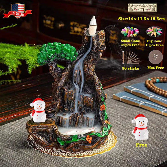Backflow Incense Cone Burner Holder Mountain Waterfall 033 & 60 Cones 40 Sticks Gift Free