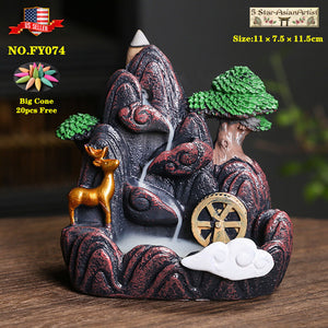 Backflow Incense Cone Burner Holder Mountain Waterfall & 20 Cones Gift Free