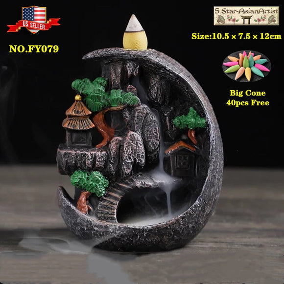 Backflow Incense Cone Burner Holder Mountain Waterfall & 40 Cones Gift Free