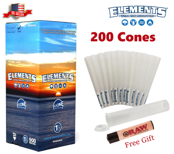 Elements Ultra Thin Rice Cones 1 1/4 Size 200 Pack & Free RAW Clipper Lighter