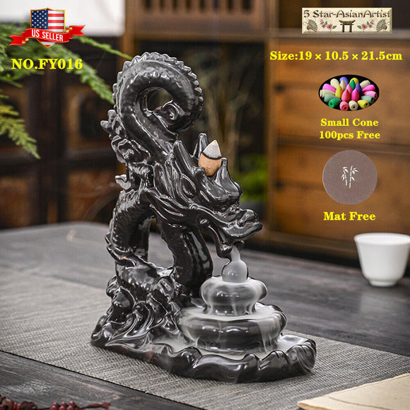 Ceramic Backflow Incense Burner Dragon Waterfall & 50pcs Cones