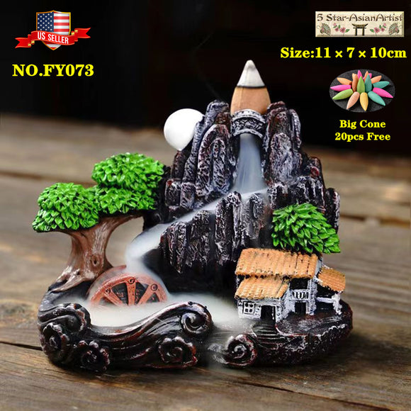 Backflow Incense Cone Burner Holder Mountain Waterfall & 20 Cones Gift Free