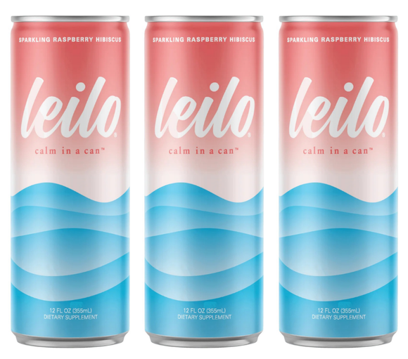 LEILO SPARKLING KAVA Drink Raspberry Hibiscus Non-Alcoholic Beverage -- Pack of 3 Cans
