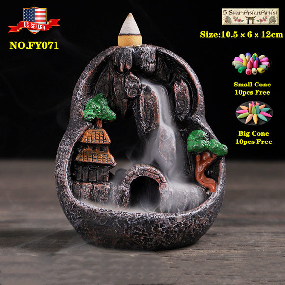 Backflow Incense Cone Burner Holder Mountain Waterfall & 20 Cones Gift Free