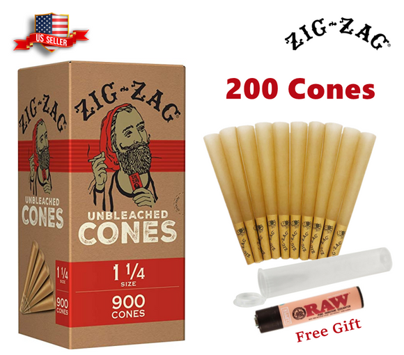 Zig-Zag® Unbleached Paper Cones 1 1/4 Size 200 Pack & Free Clipper Lighter & Glass tip and 2 tubes