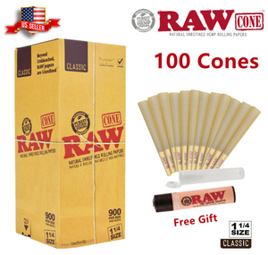 Authentic RAW Classic 1 1/4 Size Hemp Pre-Rolled Cones 100 Pack & Raw Lighter US