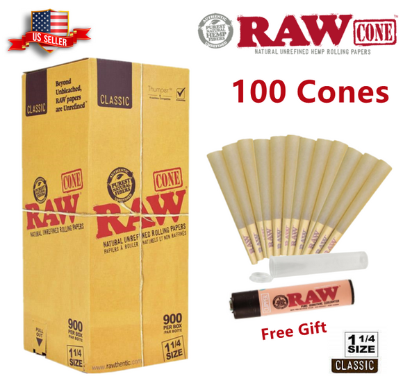 Authentic RAW Classic 1 1/4 Size Hemp Pre-Rolled Cones 100 Pack & Raw Lighter US