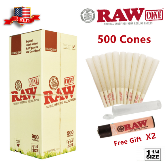 Authentic RAW Organic 1 1/4 Size Hemp Pre-Rolled Cones 500 Pack & Raw Lighter US