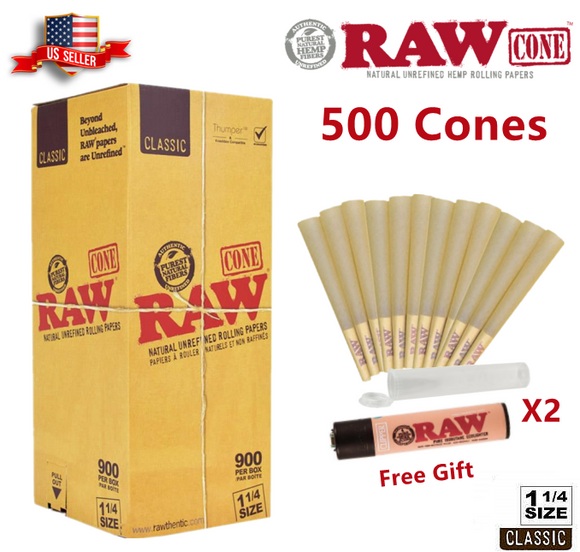 Authentic RAW Classic 1 1/4 Size Hemp Pre-Rolled Cones 500 Pack & Raw Lighter US