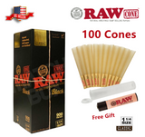 Authentic RAW Black 1 1/4 Size Pre-Rolled Cone 100 Pack & Free Clipper Lighter