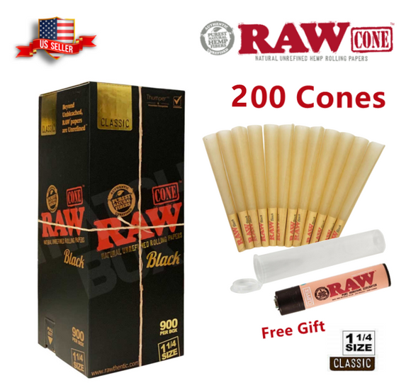 Authentic RAW Black 1 1/4 Size Pre-Rolled Cone 200 Pack & Free Clipper Lighter
