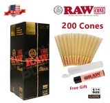 Authentic RAW Black 1 1/4 Size Pre-Rolled Cone 200 Pack & Free Clipper Lighter