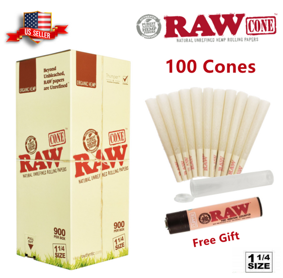 Authentic RAW Organic 1 1/4 Size Hemp Pre-Rolled Cones 100 Pack & Raw Lighter US
