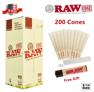 Authentic RAW Organic 1 1/4 Size Hemp Pre-Rolled Cones 200 Pack & Raw Lighter US