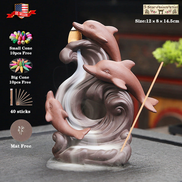 Ceramic Backflow Incense Cone Burner Holder Dolphin Waterfall & 20 Cones Gift Free
