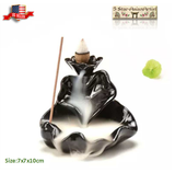 Ceramic Backflow Incense Cone Burner Holder Lotus Waterfall & 10Cones Gift Free