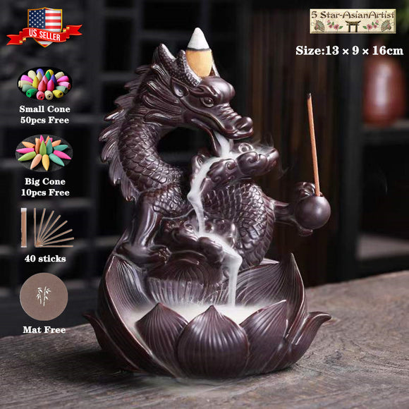 Ceramic Backflow Incense Burner Dragon Waterfall & 60pcs Cones & 40 Sticks Gift