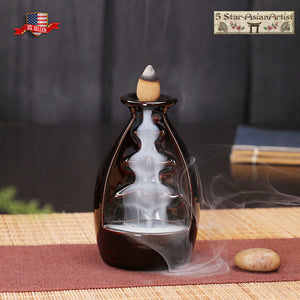 Ceramic Backflow Incense Cone Burner Holder Vase Waterfall & 10 Cones Gift Free