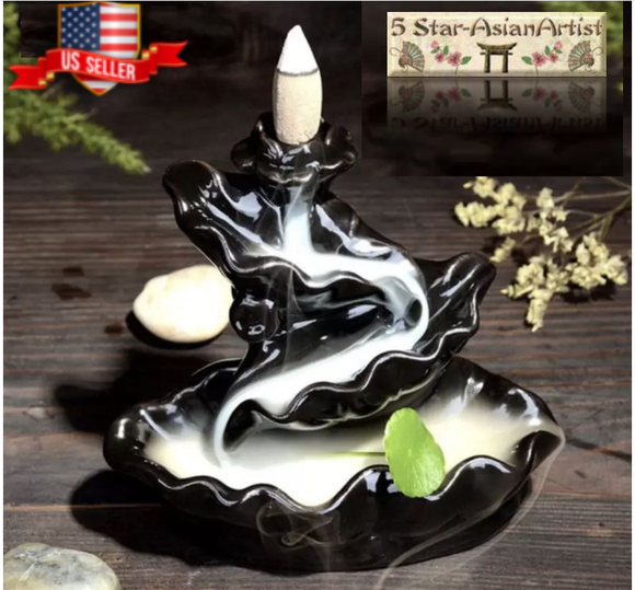 Ceramic Backflow Incense Cone Burner Holder Lotus Waterfall FY004 & Incense Cones Gift
