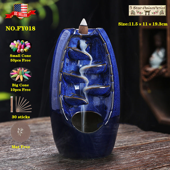 Ceramic Backflow Incense Cone Burner Holder Glaze Waterfall  & 60 Cones & 40 Sticks