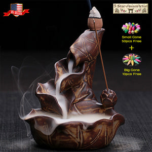 Ceramic Backflow Incense Cone Burner Holder Lotus Waterfall & 60 Incense Cones Gift