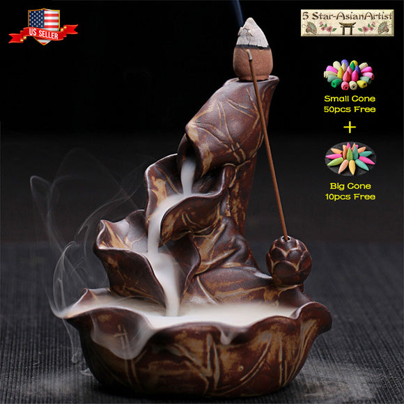 Ceramic Backflow Incense Cone Burner Holder Lotus Waterfall & 60 Incense Cones Gift