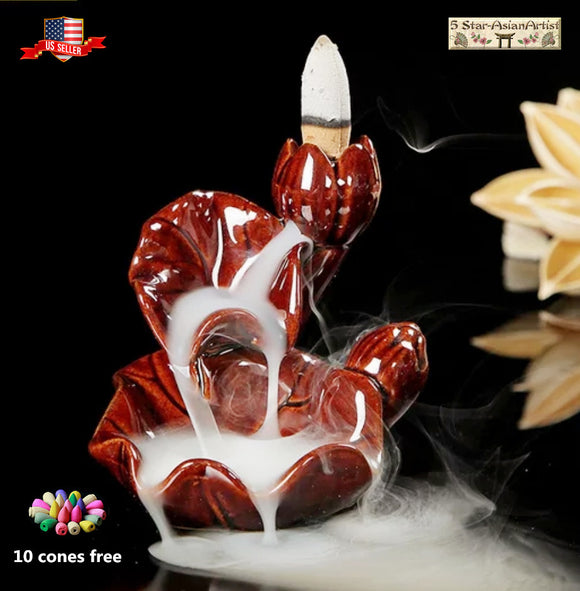 Ceramic Backflow Incense Cone Burner Holder Lotus Waterfall & 10 Cones Gift Free