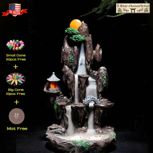 Backflow Incense Cone Burner Holder Mountain Waterfall 032 & 60 Cones 40 Sticks Gift Free