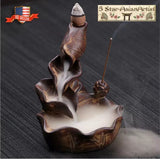 Ceramic Backflow Incense Cone Burner Holder Lotus Waterfall & 60 Incense Cones Gift