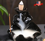 Ceramic Backflow Incense Cone Burner Holder Lotus Waterfall & 10Cones Gift Free