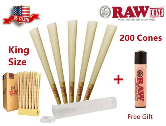 Authentic RAW Classic King Size Pre-Rolled Cones 200 Pack & Free Clipper Lighter