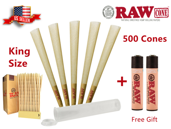 Authentic RAW Classic King Size Pre-Rolled Cones 500 Pack & Free Clipper Lighter