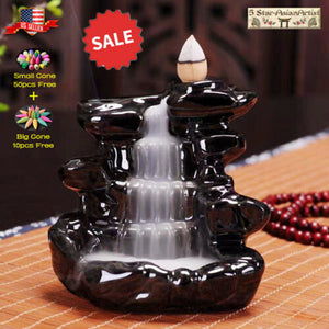 Ceramic Backflow Incense Cone Burner Holder Mountain Waterfall & 60 Cones Gift Free